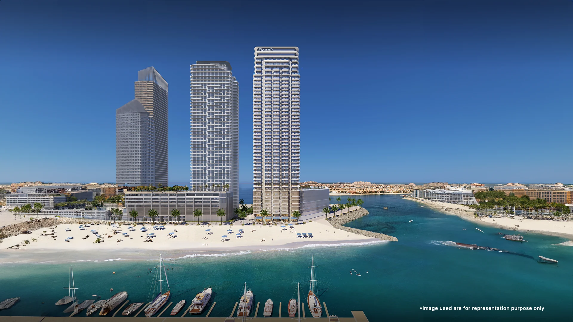 Top-down view of Bay View by Address At Emaar beachfront, showcasing luxury apartments and waterfront amenities